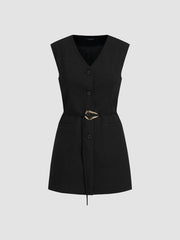V-neck Solid Button Pocket Long Blazer Vest With Belt