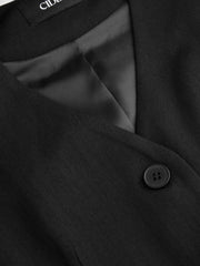 V-neck Solid Button Pocket Long Blazer Vest With Belt