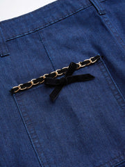 Denim Low Rise Solid Pearl Chain Detail Mini Skirt