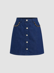 Denim Low Rise Solid Pearl Chain Detail Mini Skirt