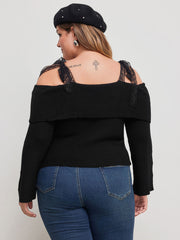Knit Off-shoulder Solid Lace Knotted Long Sleeve Crop Top Curve & Plus