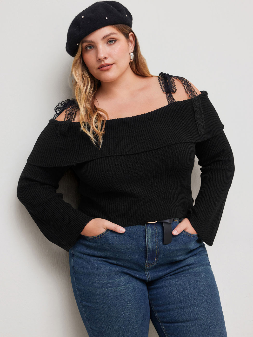 Knit Off-shoulder Solid Lace Knotted Long Sleeve Crop Top Curve & Plus