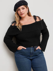 Knit Off-shoulder Solid Lace Knotted Long Sleeve Crop Top Curve & Plus