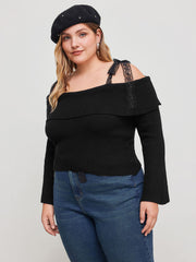 Knit Off-shoulder Solid Lace Knotted Long Sleeve Crop Top Curve & Plus