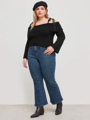 Knit Off-shoulder Solid Lace Knotted Long Sleeve Crop Top Curve & Plus