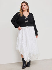 Knit V-neck Solid Bowknot Crop Cardigan Curve & Plus