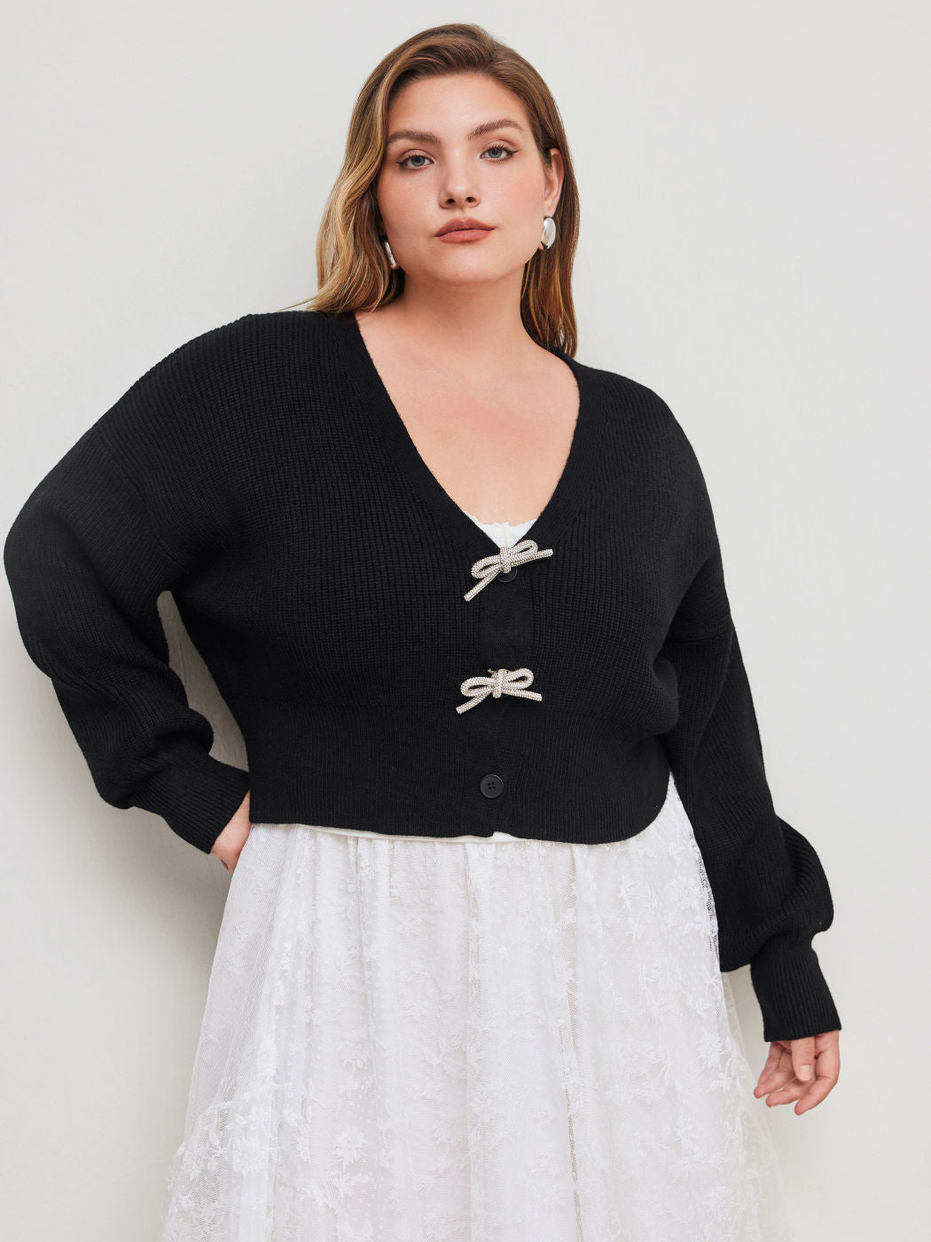 Knit V-neck Solid Bowknot Crop Cardigan Curve & Plus