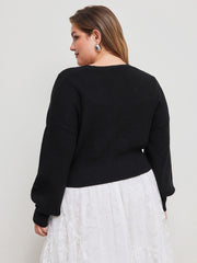 Knit V-neck Solid Bowknot Crop Cardigan Curve & Plus