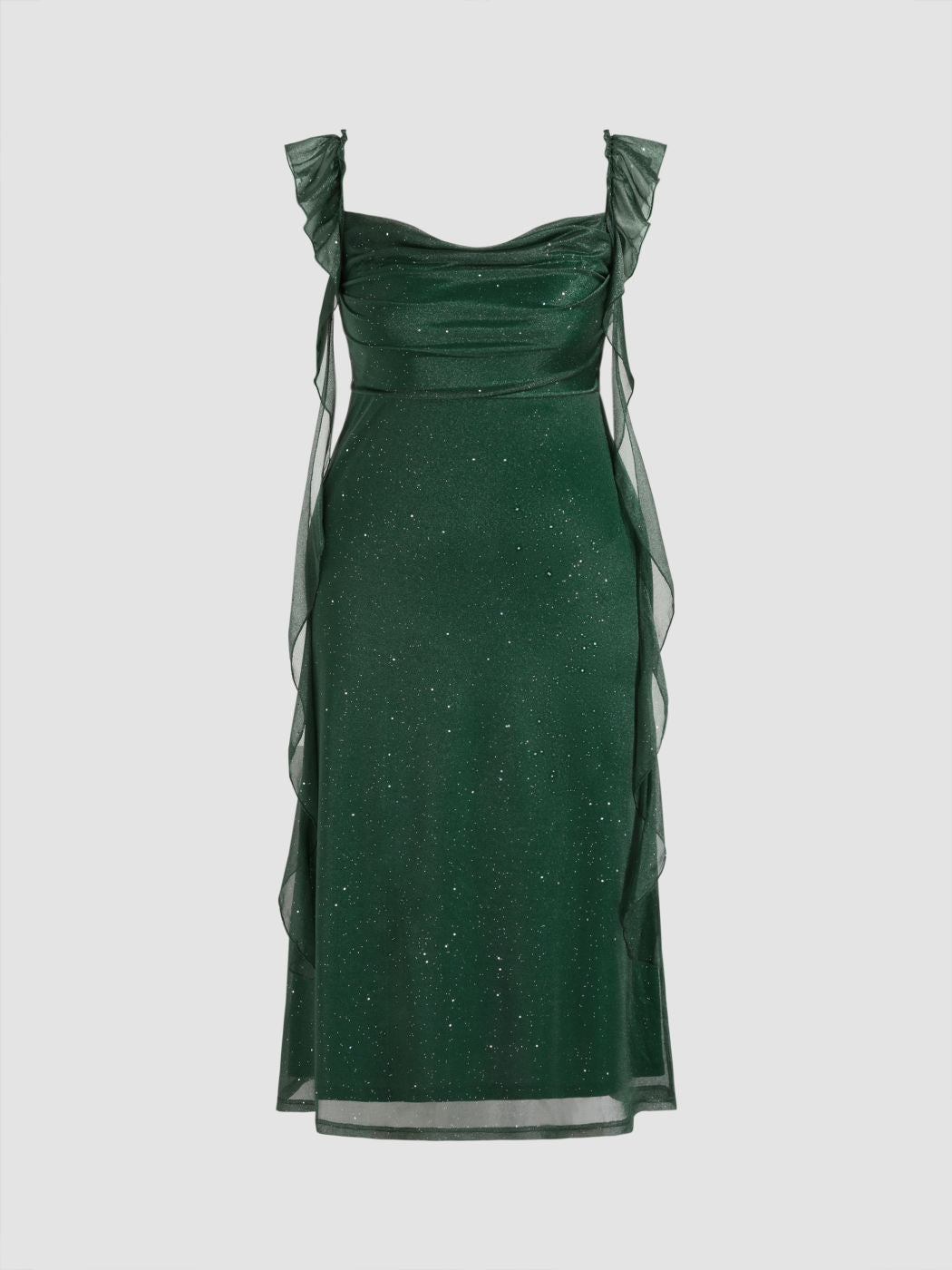 Mesh Cowl Neck Solid Sequin Ruffle Hem Maxi Dress Curve & Plus