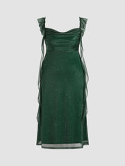 Mesh Cowl Neck Solid Sequin Ruffle Hem Maxi Dress Curve & Plus
