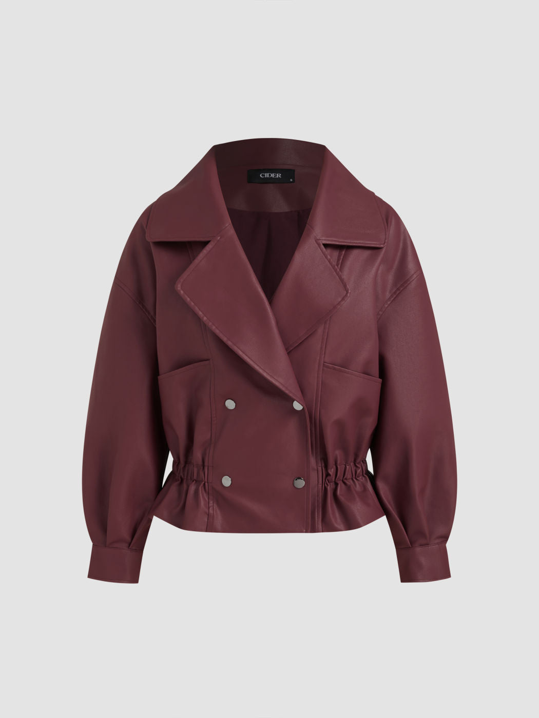 Oversized Faux Leather Ruffle Hem Double Breasted Jacket