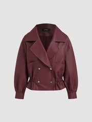Oversized Faux Leather Ruffle Hem Double Breasted Jacket
