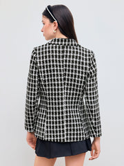Tweed Collar Check Pocket Button Blazer