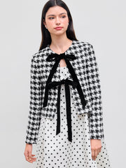 Tweed Round Neckline Houndstooth Tie Front Jacket