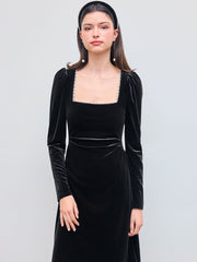Velvet Square Neck Pearl Ruched Midi Dress