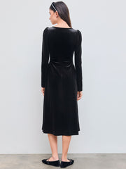 Velvet Square Neck Pearl Ruched Midi Dress