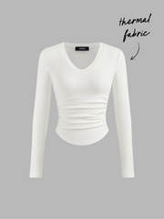 Thermal Cotton-blend V-neck Solid Ruched Long Sleeve Tee
