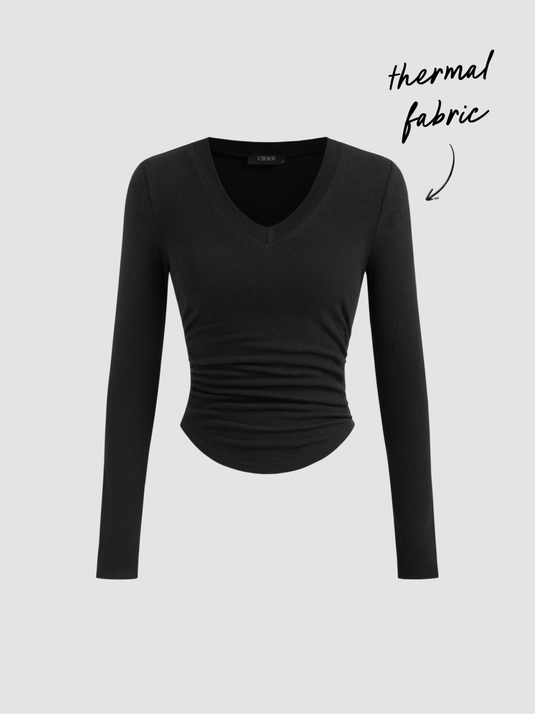 Thermal Cotton-blend V-neck Solid Ruched Long Sleeve Tee