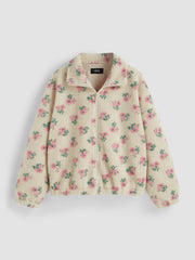 Fleece Stand Collar Floral Zipper Jacket