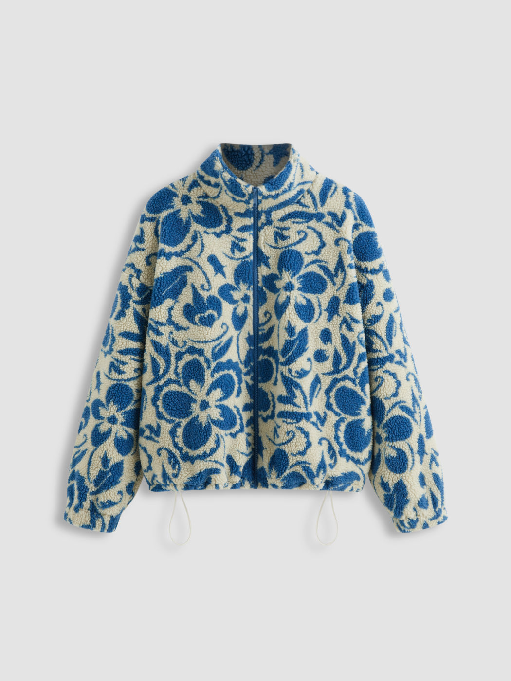 Fleece High Neck Floral Pocket Drawstring Oversized Jacket