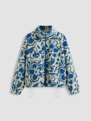 Fleece High Neck Floral Pocket Drawstring Oversized Jacket