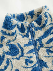 Fleece High Neck Floral Pocket Drawstring Oversized Jacket