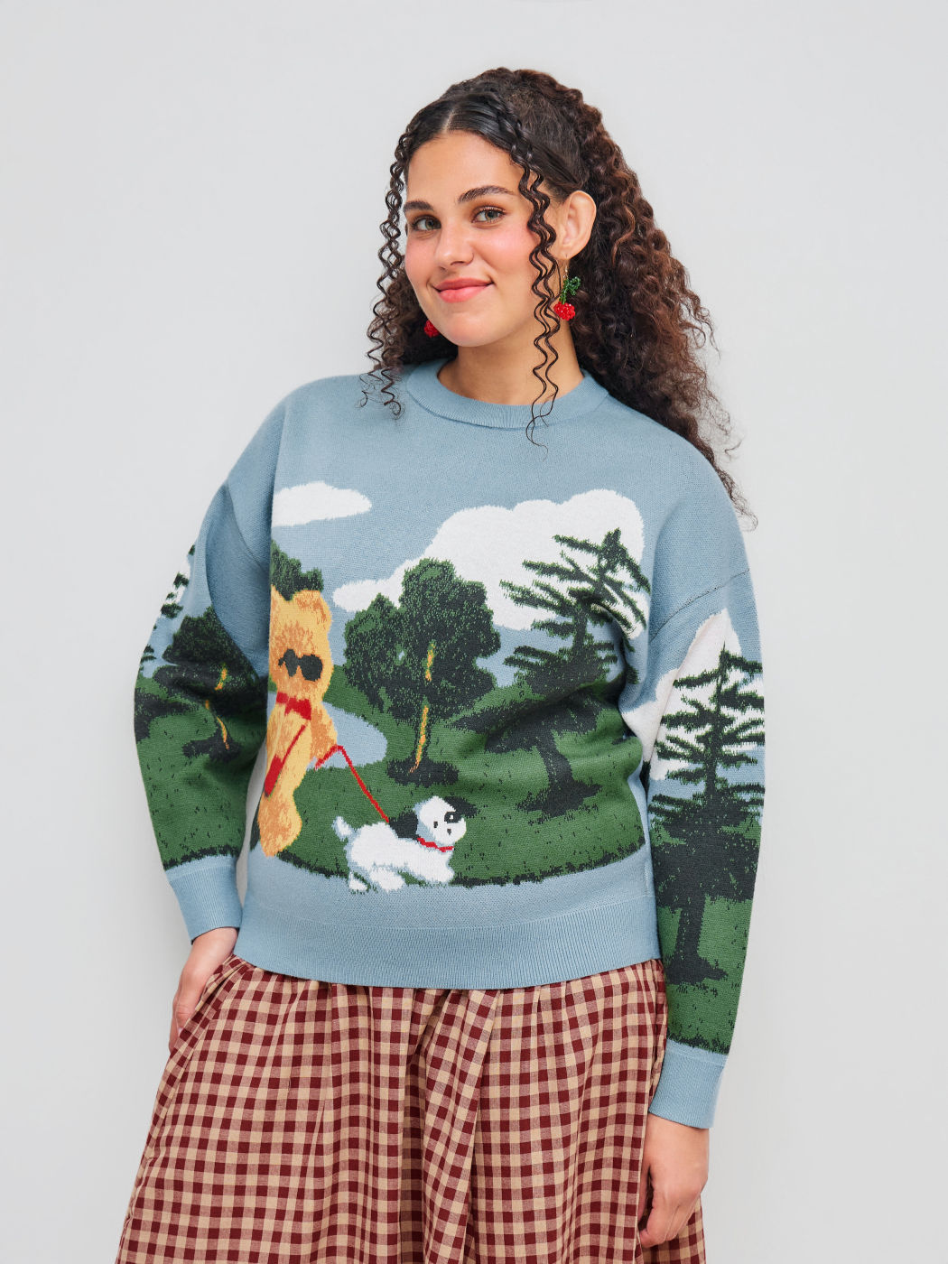 Jacquard Knit Round Neckline Oil Painting Bear Long Sleeve Sweater Curve & Plus