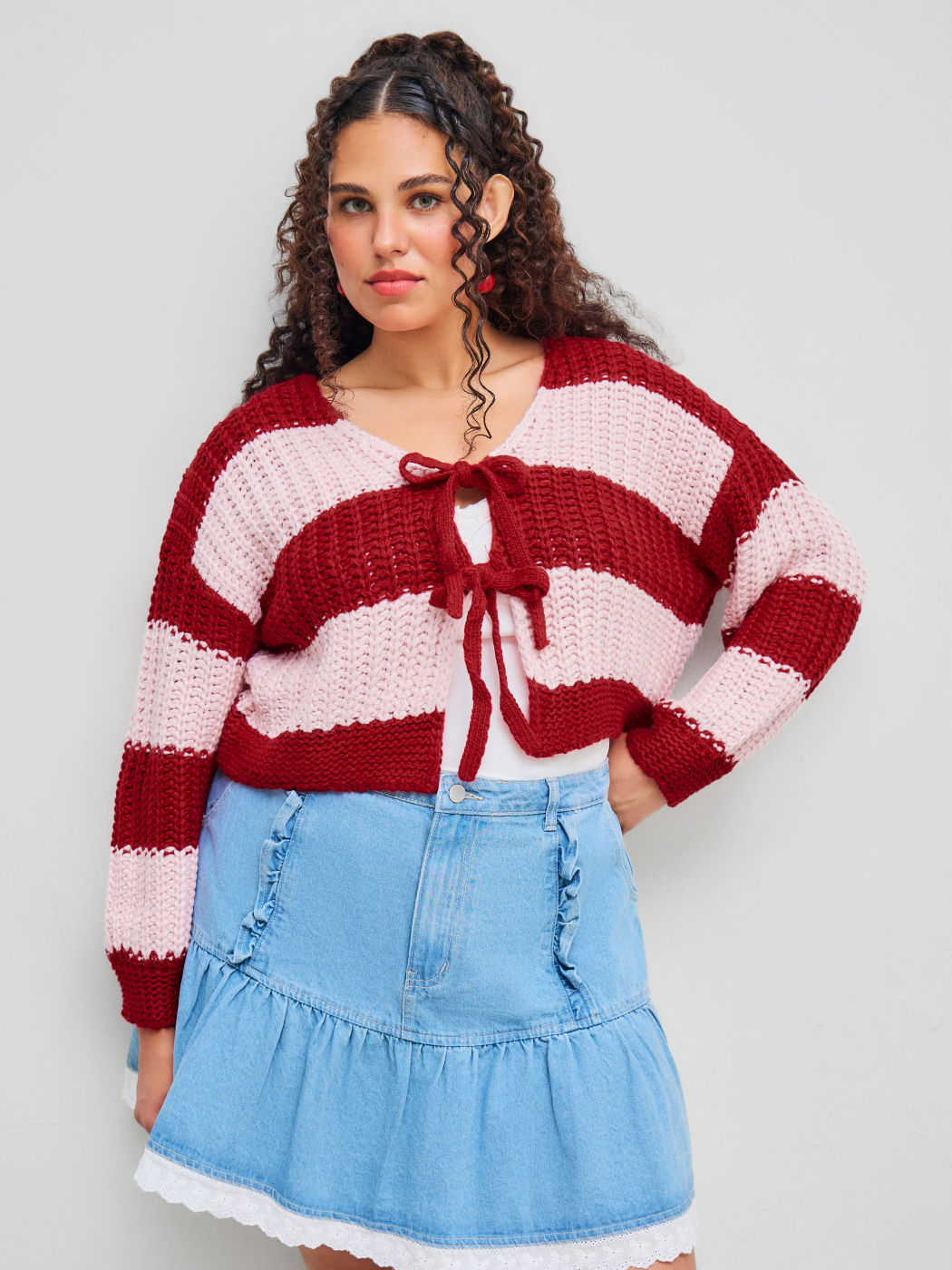 Knit V-neck Striped Tie Front Oversized Cardigan Curve & Plus