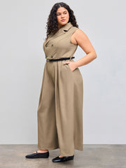 Collar Solid Button Pocket Jumpsuit With Belt Curve & Plus