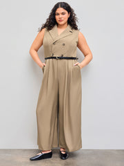 Collar Solid Button Pocket Jumpsuit With Belt Curve & Plus