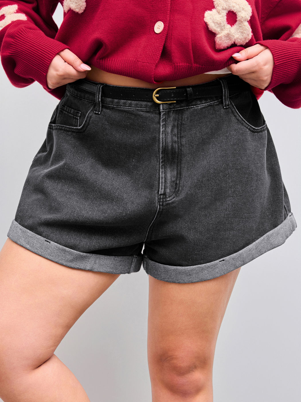 Pocket Denim Shorts With Belt Curve & Plus