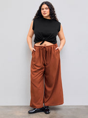 Solid Round Neckline Twist Short Sleeve Crop Top Curve & Plus