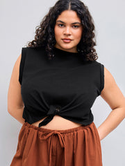 Solid Round Neckline Twist Short Sleeve Crop Top Curve & Plus