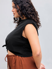 Solid Round Neckline Twist Short Sleeve Crop Top Curve & Plus