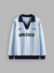 World Wide Knit Collar Graphic Striped Contrasting Binding Oversized Sweater
