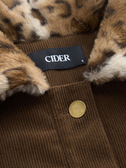 Corduroy Collar Leopard Oversized Shearling Jacket
