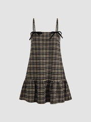Square Neck Check Ruffle Bowknot Babydoll Mini Dress