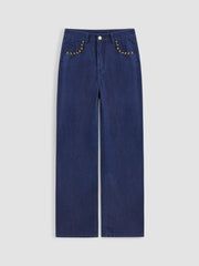 Cider Denim Low Rise Solid Chain Detail Straight Leg Jeans