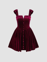 Velvet Square Neck Solid Ruffle Zipper Mini Dress