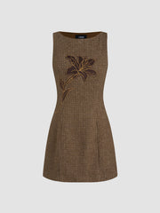 Boat Neck Houndstooth Floral Applique Mini Dress