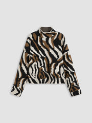 Knit Stand Collar Zebra Stripe Print Oversized Top