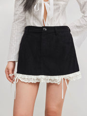 Corduroy Low Rise Solid Broderie Anglaise Hem Knotted Mini Skirt