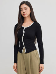 Round Neckline Solid Asymmetrical Button Long Sleeve Top