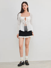 Corduroy Low Rise Solid Broderie Anglaise Hem Knotted Mini Skirt