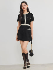 Tweed Round Neckline Contrasting Binding Pearl Button Mini Dress