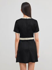 Tweed Round Neckline Contrasting Binding Pearl Button Mini Dress