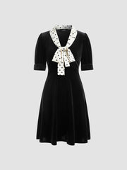 Velvet V-neck Polka Dot Knotted Mini Dress