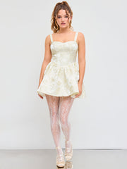 Jacquard Scoop Neckline Floral Solid Ruffle Hem Mini Dress