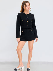 Tweed Round Neckline Solid Button Pocket Jacket