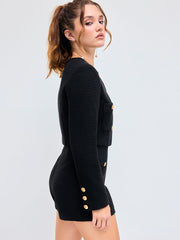 Tweed Round Neckline Solid Button Pocket Jacket